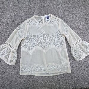 Anna Sui Women's Long Sleeve Knit Floral Detail Blouse Cream Medium Mint‎ EUC